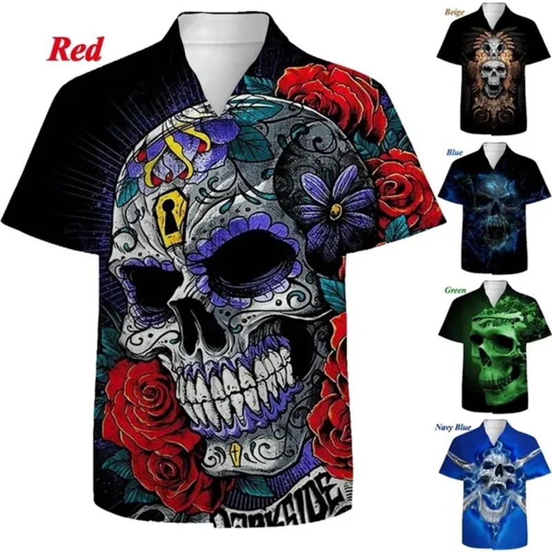 

Skull 3D Print Colored Skull Hawaiian Beach Shirt Head Casual Harajuku Men Button Up Summer Short Sleeve Single Breasted Shirts