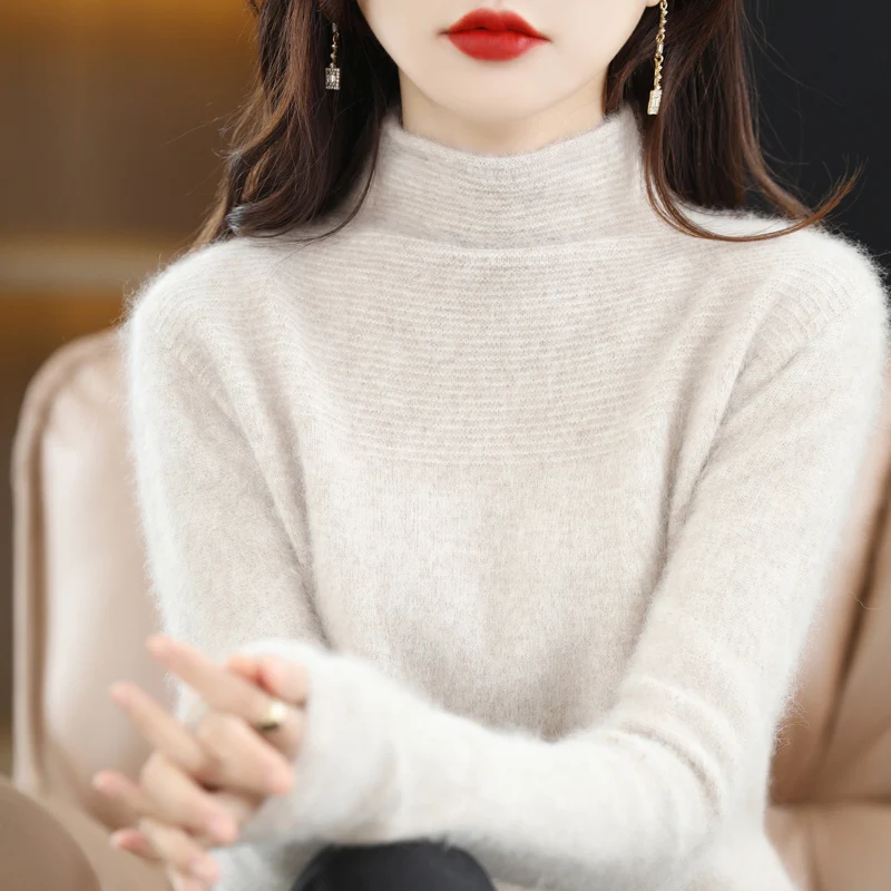 Норковый кашемировый свитер пуловер с полувысоким воротником женский