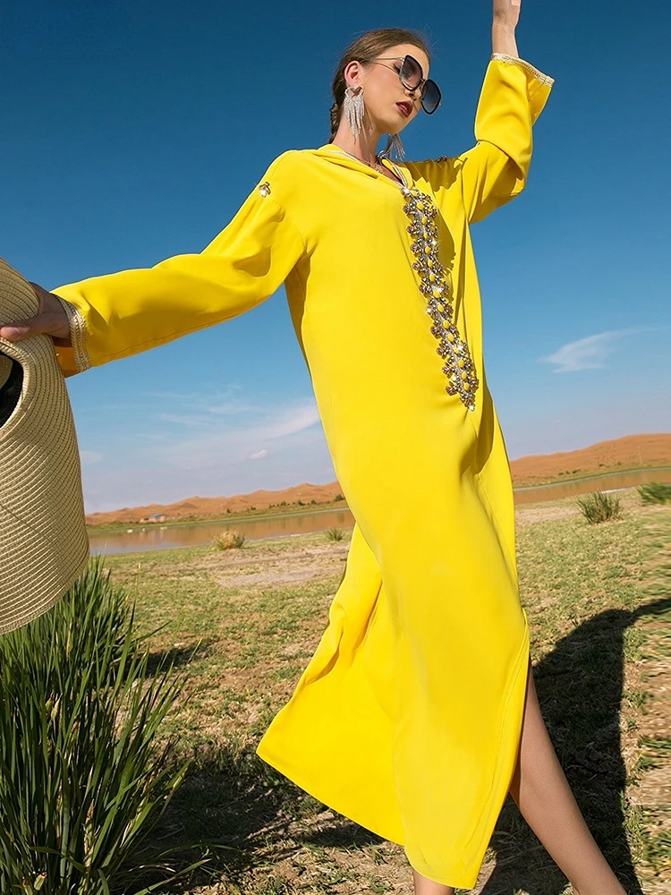 

Abaya Dress for Women Hooded Rhinestones Beaded Caftan Marocain Robe Dubai 2022 Loose Gulf Abayas Bright Yellow Luruxy