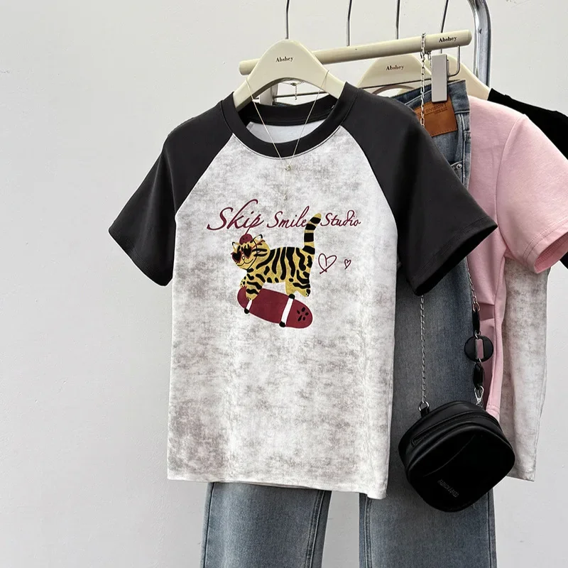 2024 летняя новая женская футболка с коротким рукавом и цветными блоками топ