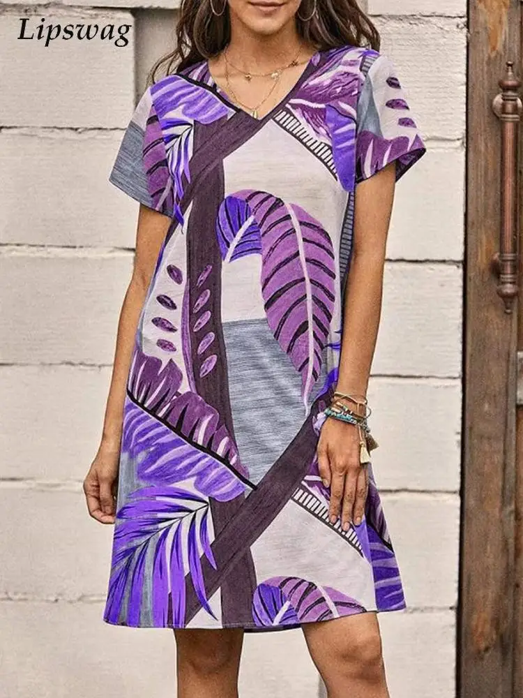 

Повседневное свободное платье-трапеция с V-образным вырезом, летнее женское винтажное мини-платье с принтом листьев, женские элегантные мод...
