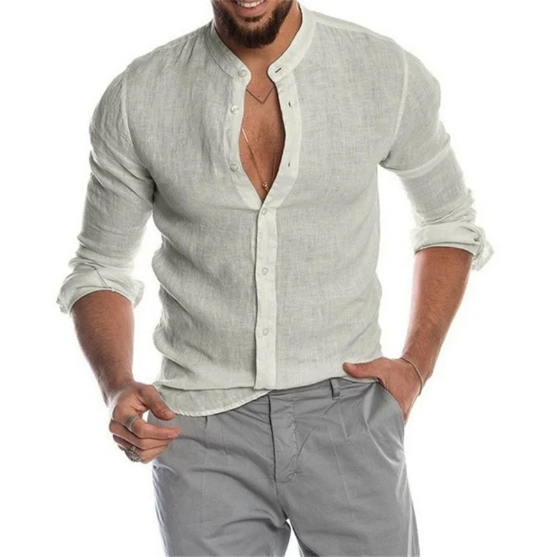 New Men's Solid Color Linen Long Sleeve Shirt  Cardigan Long Sleeve  Men's Shirt