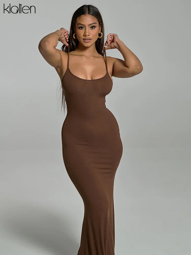

KLALIEN женские модные макси платья повседневные однотонные тонкие тянущиеся обтягивающие вязаные длинные платья на бретелях 2022 Новая летняя ...