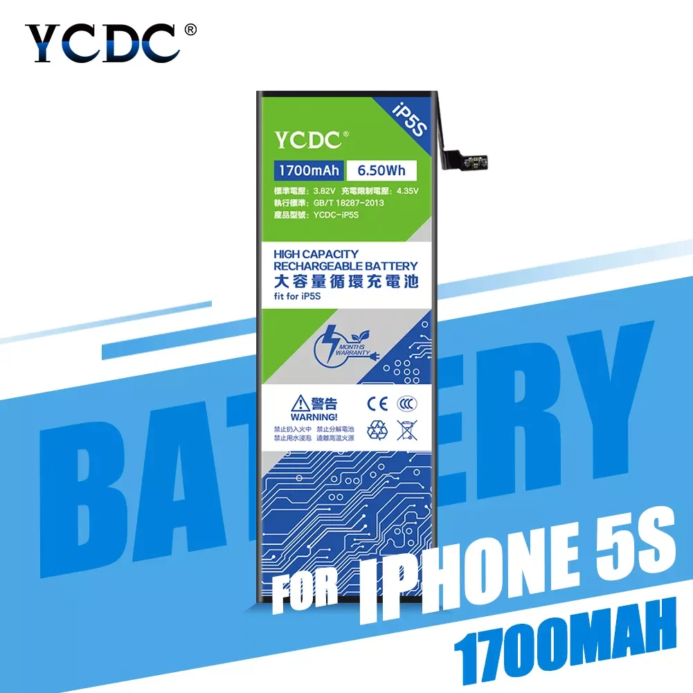 

2023New 3.8V 1700mAh Battery YCDC For iPhone 5S 5C iPhone5S Cell Phone Replacement Rechargeable Lithium Polymer Phone Bateria