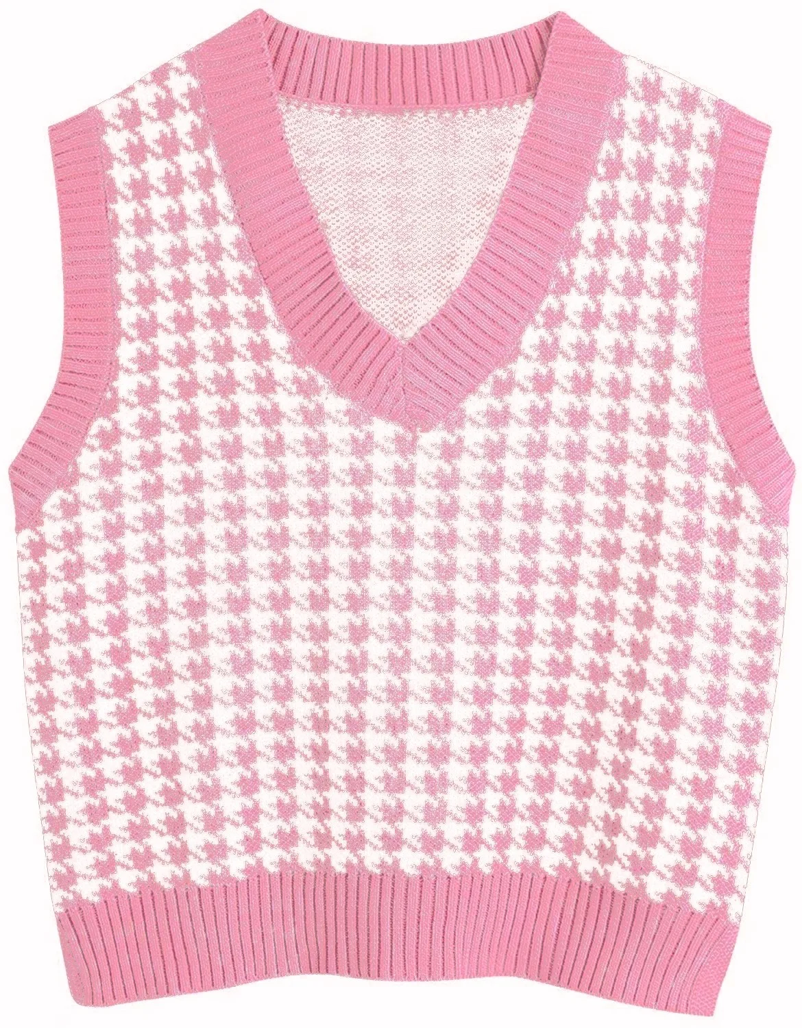 

Autumn Winter Women Houndstooth Vest Knitted Sweater Oversized Vintage V-neck Plaid Sleeveless Print Jacket Casual Bottoming Top