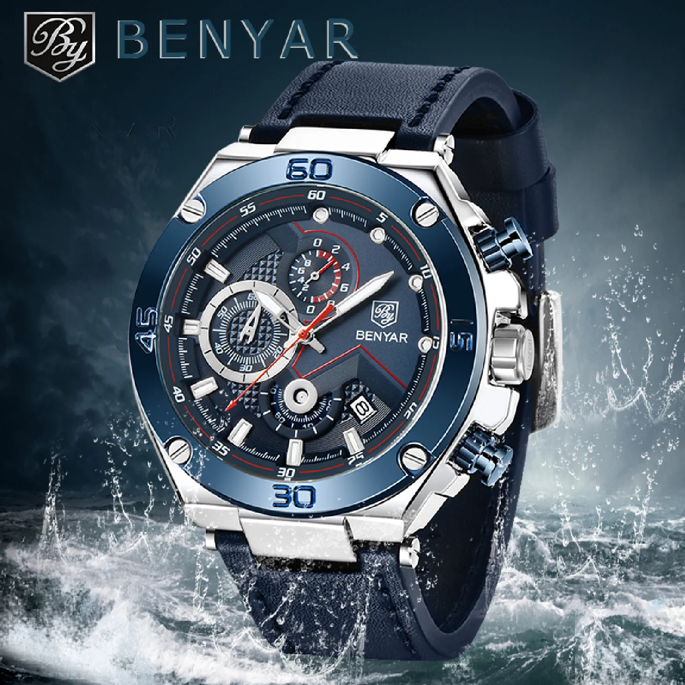 

2021 BENYAR Top Brand New Men Quartz Wristwatches 45mm Large Dial Waterproof Chronograph Leather Military Watch for Men reloj