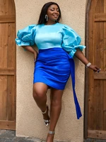 blue patchwork mini dresses o neck short lantern sleeve high waist plus size women evening party outfits african gowns 3xl 4xl