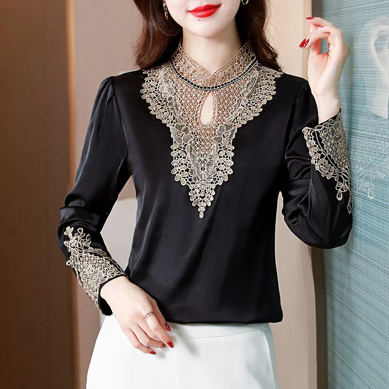 

2022 spring new design French chic stitching long-sleeved shirt women's top womens tops and blouses Embroidery Casual