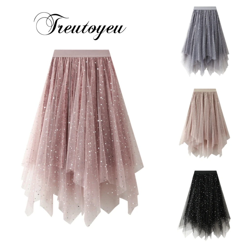 

Treutoyeu Puffy Starry Tulle Fairy Skirt for Womens High Waist Long Black Skirts Korean Style Faldas Largas Para Mujer Moda 2023