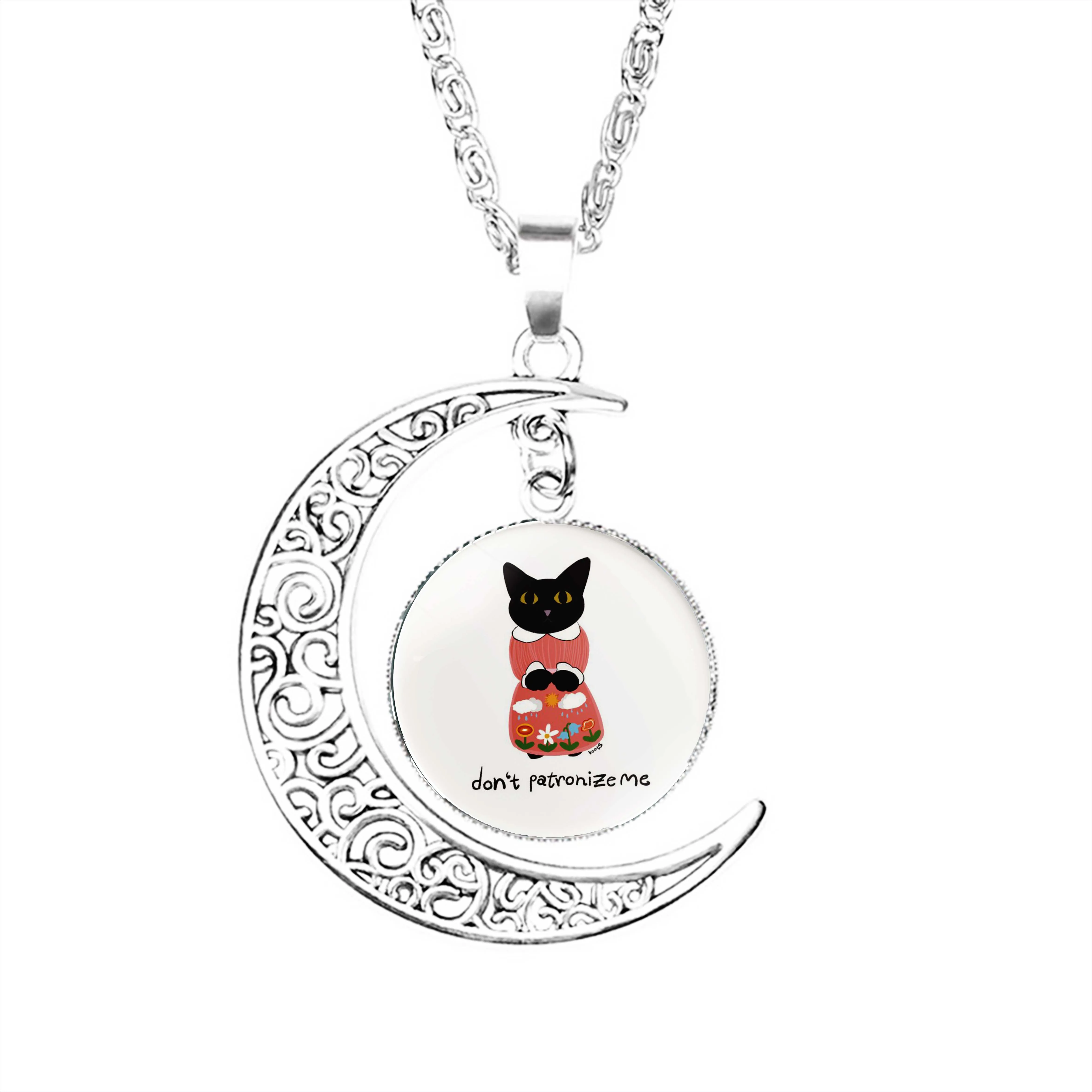 

Kitty Says Don T Patronize Me Moon Necklace Dome Lovers Lady Charm Stainless Steel Fashion Crescent Glass Jewelry Chain Pendant