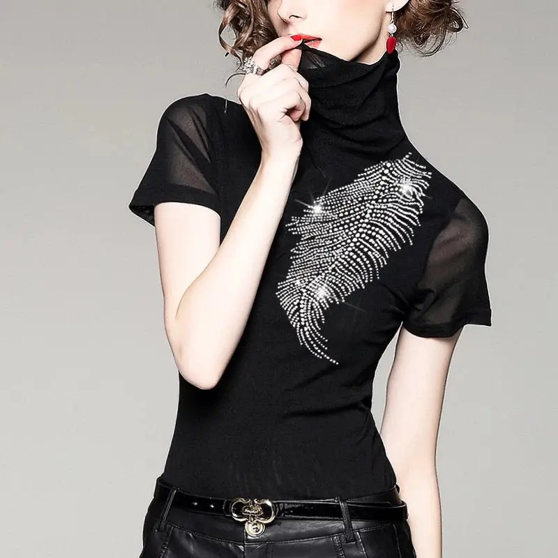 

Elegant Feathery Diamonds Solid T-shirt Spring Autumn 2022 Short Sleeve Turtleneck Mesh Slim Elastic Basic Tees Women's Clothing