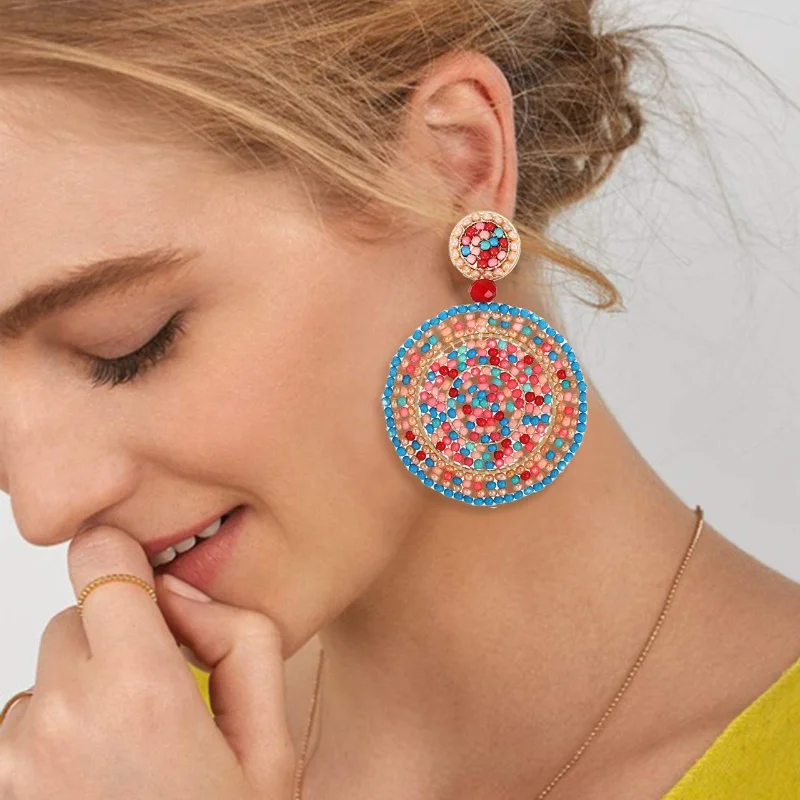 

Vintage Bohemian Round Rice Beads Earrings Multi-colored Handmade Jewelry Retro Ethnic Pendant Earring for Ladies Women