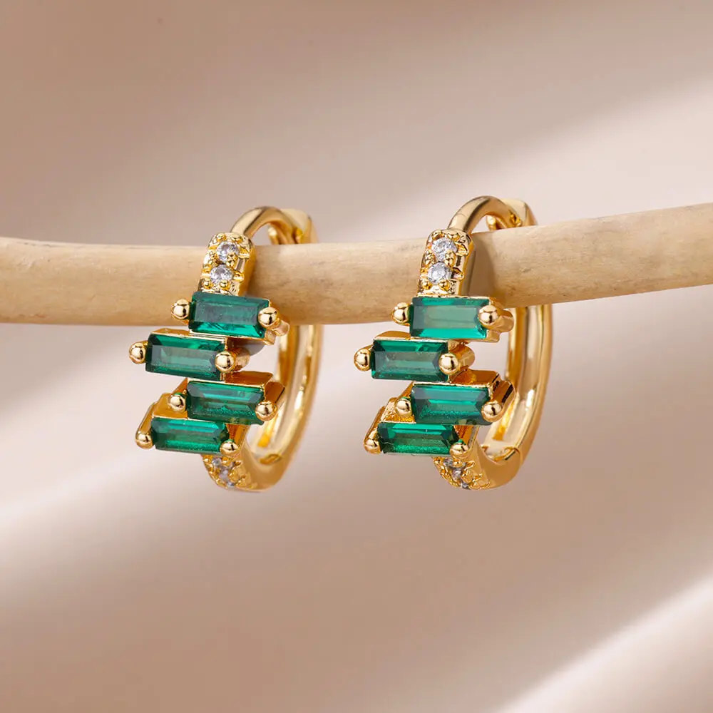 

Zircon Green Rectangle Earrings For Women Girls Gold Plated Stainless Steel Earrings 2023 Trending Modern Aesthetic Jewelry Gift