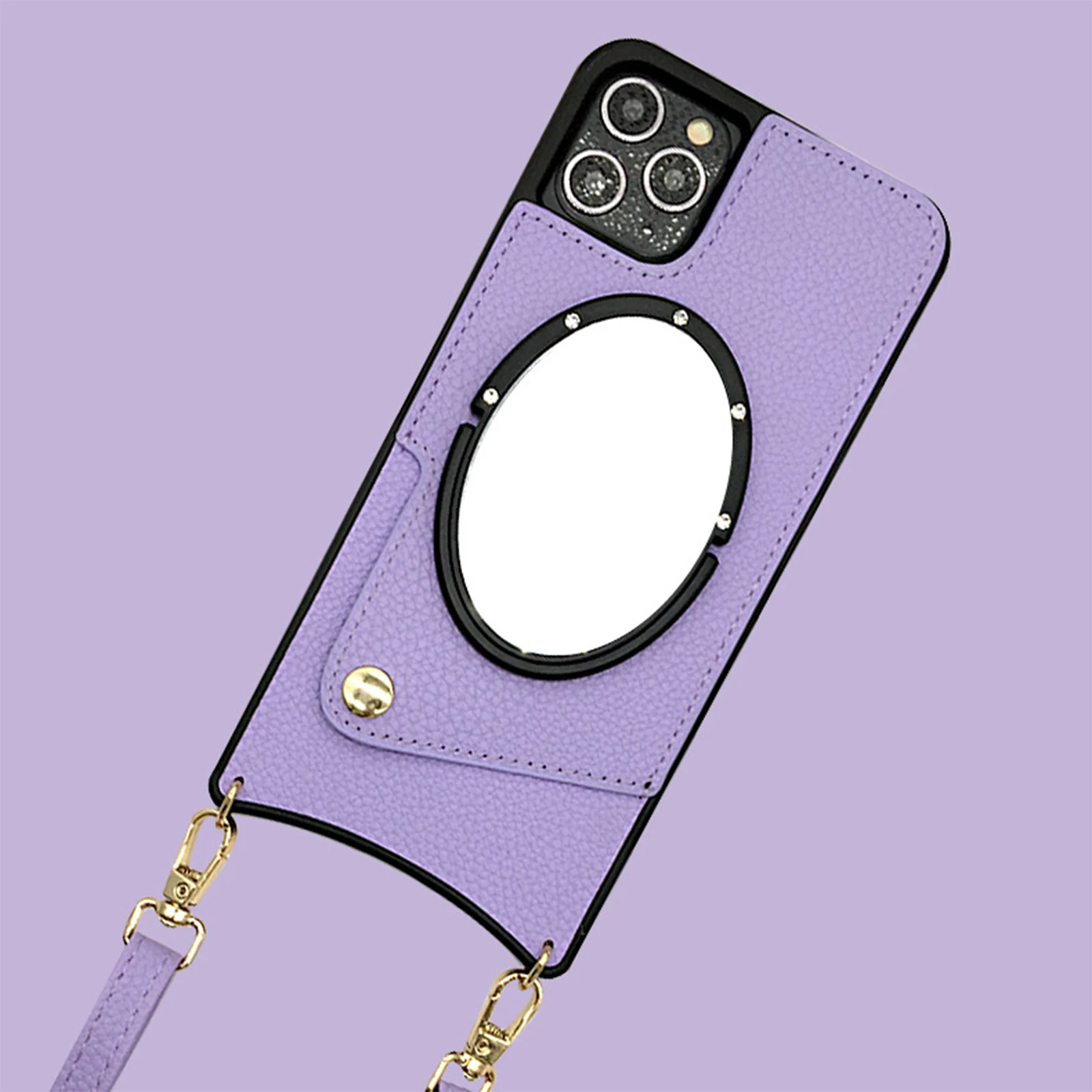 

PU Leather Card Holder Case for iPhone 14 Pro Max with Crossbody Strap Mirror Case with Kickstand for Women for iPhone 14 Plus