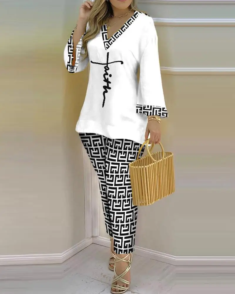 2023 spring and summer new women's suit fashion sexy V-neck printed thin long-sleeved trousers casual women's suit two-piece set