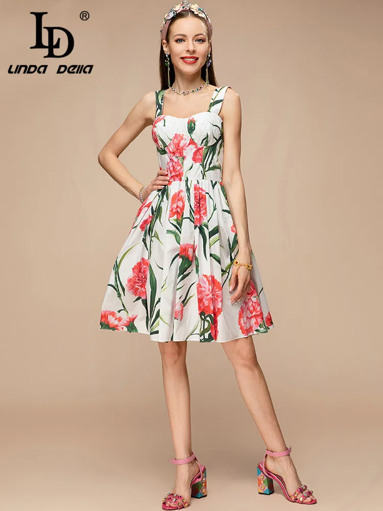 

LD LINDA DELLA/Новинка 2023 года; Летнее модное женское Пляжное Платье До Колена на бретельках; Вечерние платья с принтом Гвоздика