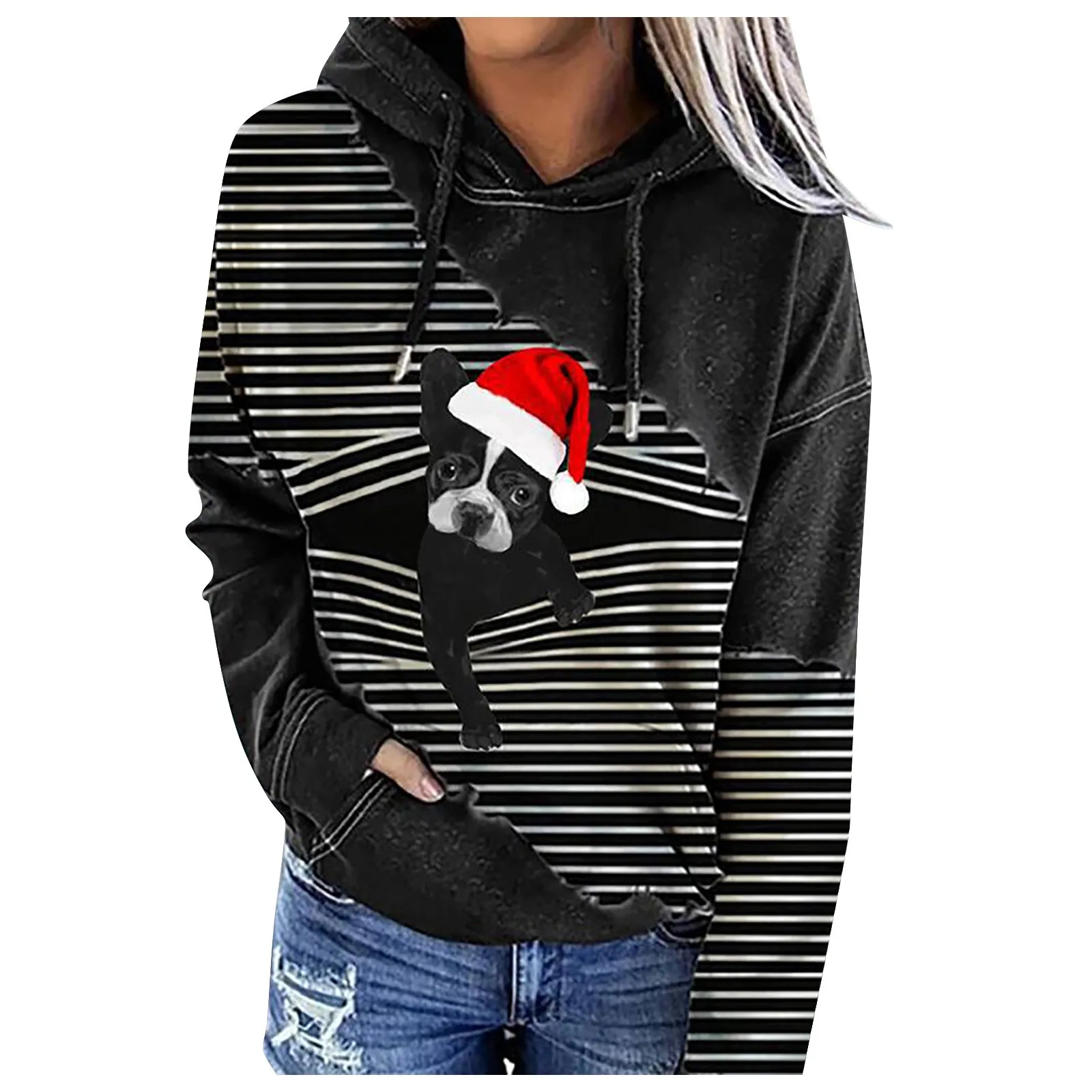 

Tunic Length Jackets Women's Loose Stripe Splicing Explosion Hooded Long Sleeved Sweatshirt Cropped Top
