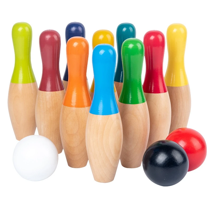 

13Pcs Wooden Color Bowling Set 10 Pins 3 Ball Bowling Game For Kids Indoor Family Sports Educational Toy