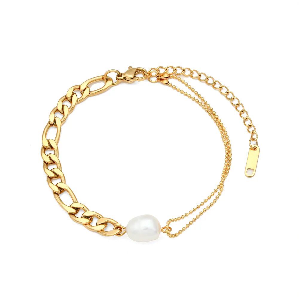 

Statement 18K Gold Plated Stainless Steel Figaro Chain Bracelet Titanium Steel Stitching Freshwater Pearl Bracelet for Women