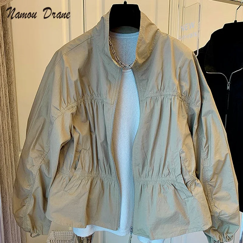 

Женское повседневное короткое пальто Namou Drane, Корейская куртка со складками и воротником-стойкой, модная верхняя одежда в стиле пэчворк, осе...