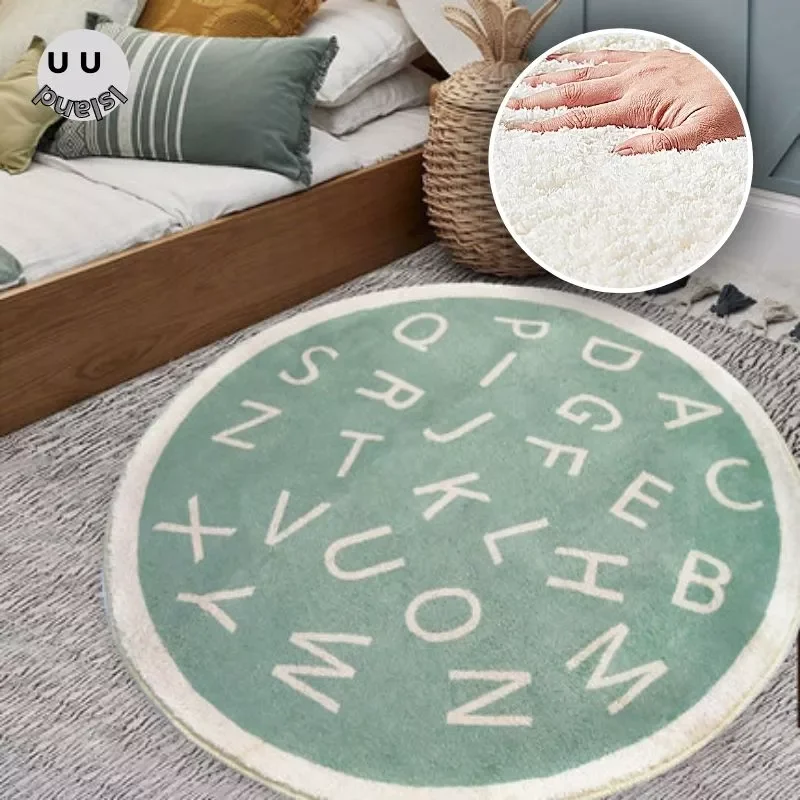 

NEW2023 Round Fluffy For Living Room Modern Kids Baby Rug Alphabet Kids Furry Mat for Children Green Bedroom