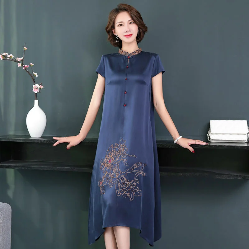 

Lmitation Silk Skirt Dress Embroidered Over-the-knee Long Skirt Middle-aged Female 2023 Slimming Imitation Mulberry Silk Skirt
