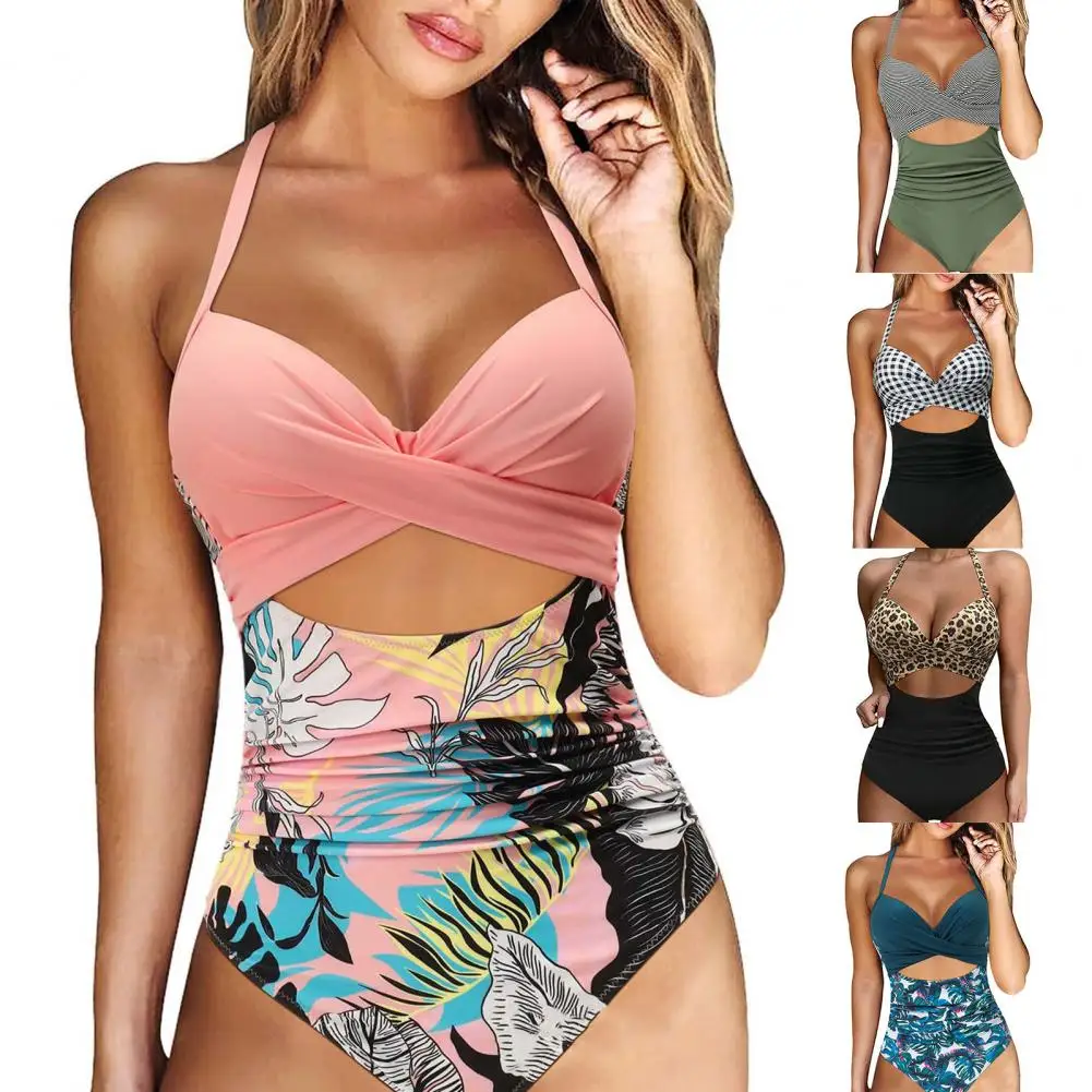 Женский слитный купальник с высокой талией и лямкой на шее |