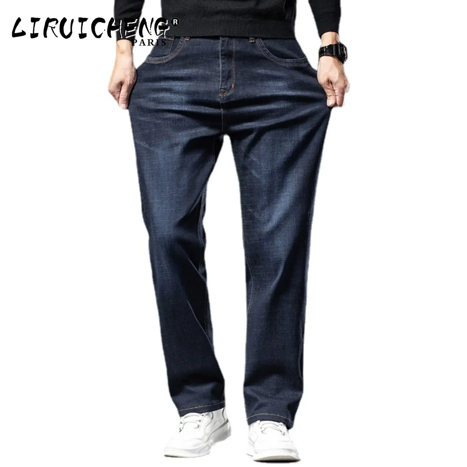 

2023 Men's Dark Blue Straight-leg Brand Jeans Classic Style Business Casual Cotton Stretch Denim Pants Male Plus Size 40 42 44