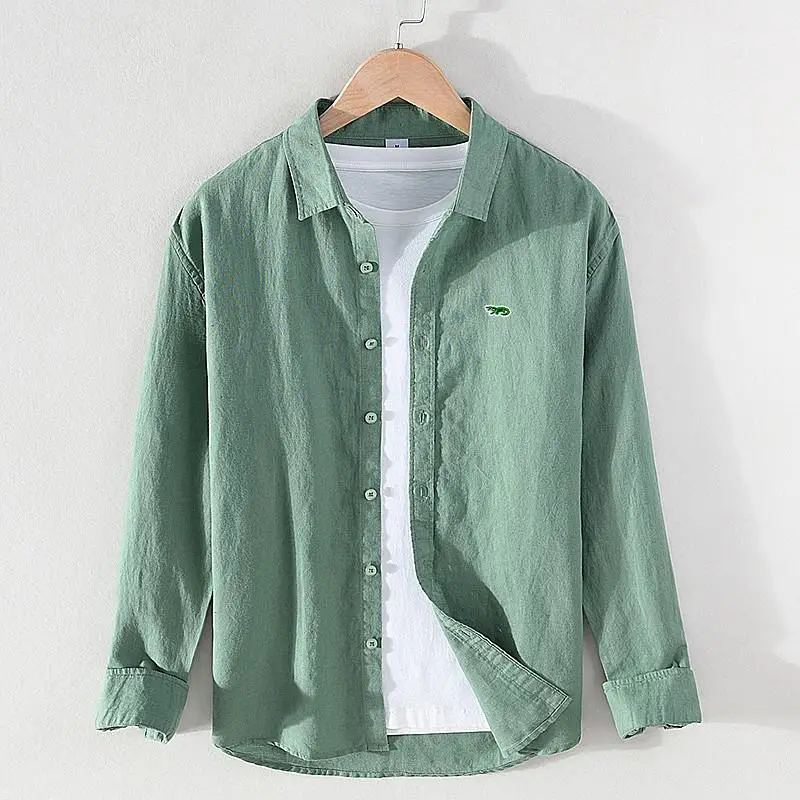 Рубашка мужская с вышивкой и логотипом брендовая Повседневная льняная хлопковая