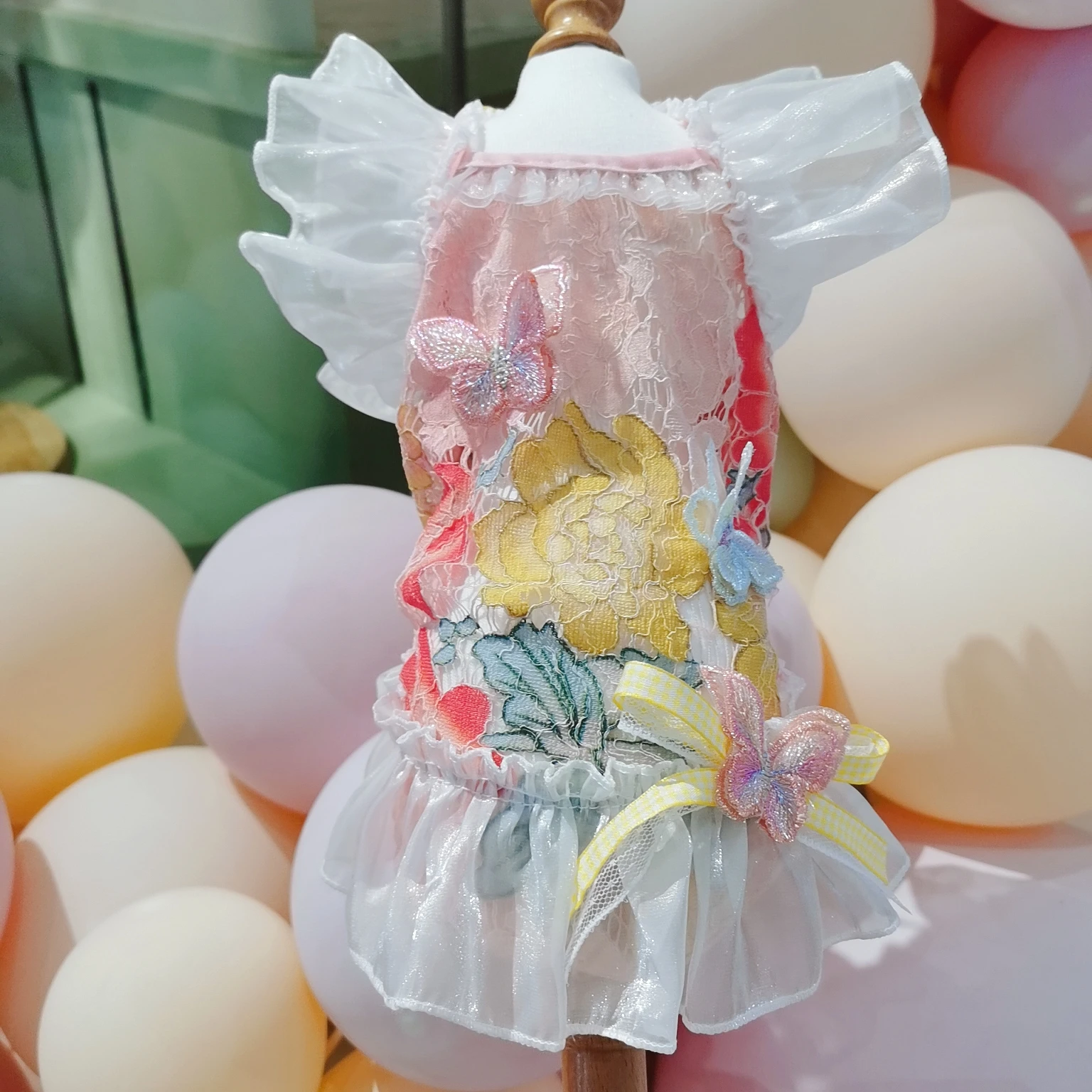 

Summer New Cute Pet Dog Outfits Puppy Dog Clothes Pink Butterfly Peony Flower Print Lace Sling Dress For Small Medium Dog Teddy