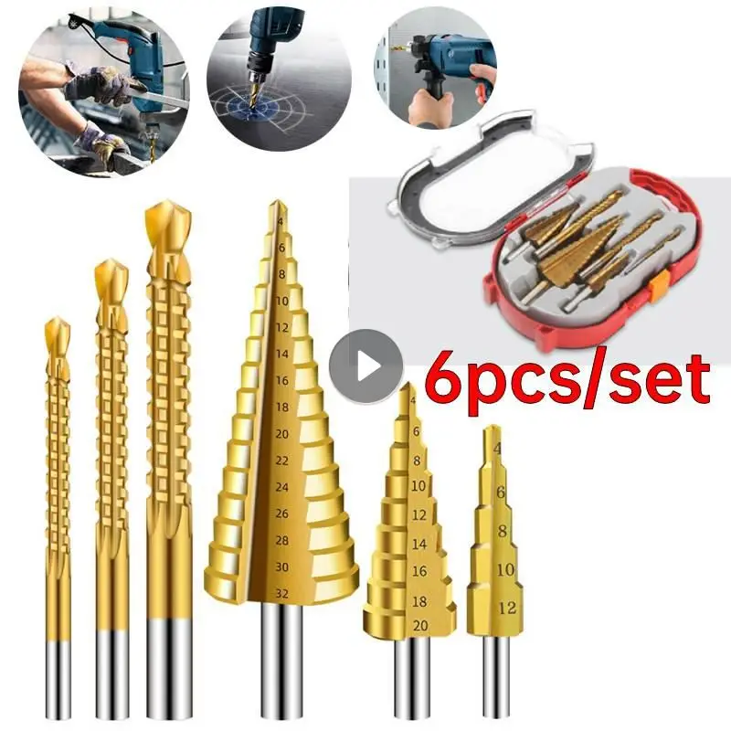 

Набор ступенчатых конусных Сверл из быстрорежущей стали, 6 шт., 4-12/20/32 мм, титановые сверла, резак для отверстий, металлическое сверло с прочн...