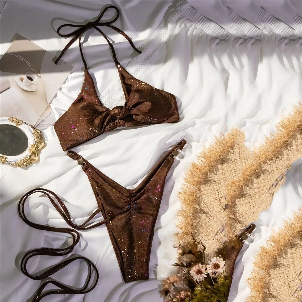 Комплект бикини привлекательные блестящие коричневые купальники модель 2024 года