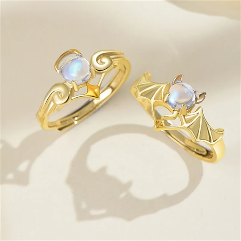 Romantic Angel and Demon Wings Couple Rings For Women Goth Fashion Moonstone Adjustable Opening Finger Men's Ring Party Jewelry