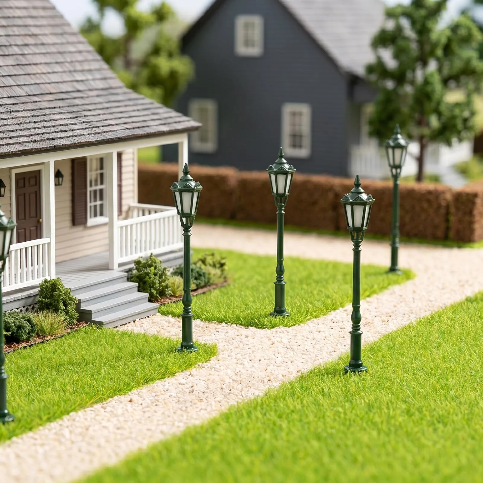 Фото Набор из 10 штук: Уличные фонари Evemodel N Scale, зеленые, металлические, в античном стиле, с теплым белым светодиодом, шестиугольные, с декоративным кожухом