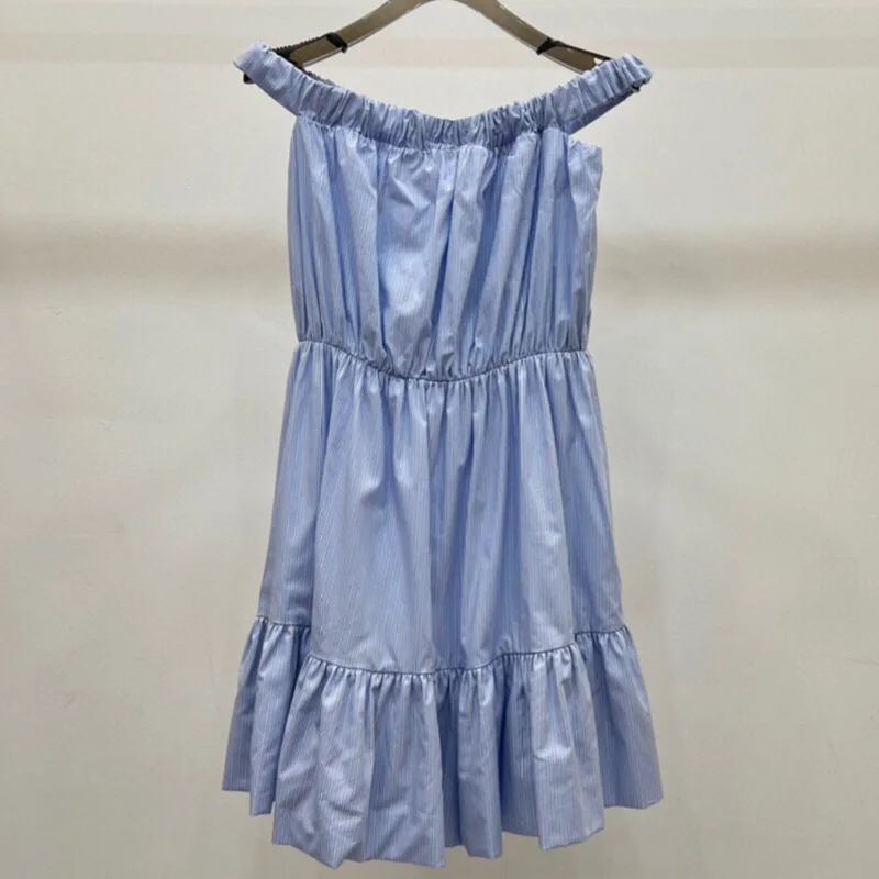23 Summer Women Elegant Off Shoulder Blue Stripe Cotton Dress Runway Waist Slim Casual Holiday Chic Flounce A-line Mini Dresses