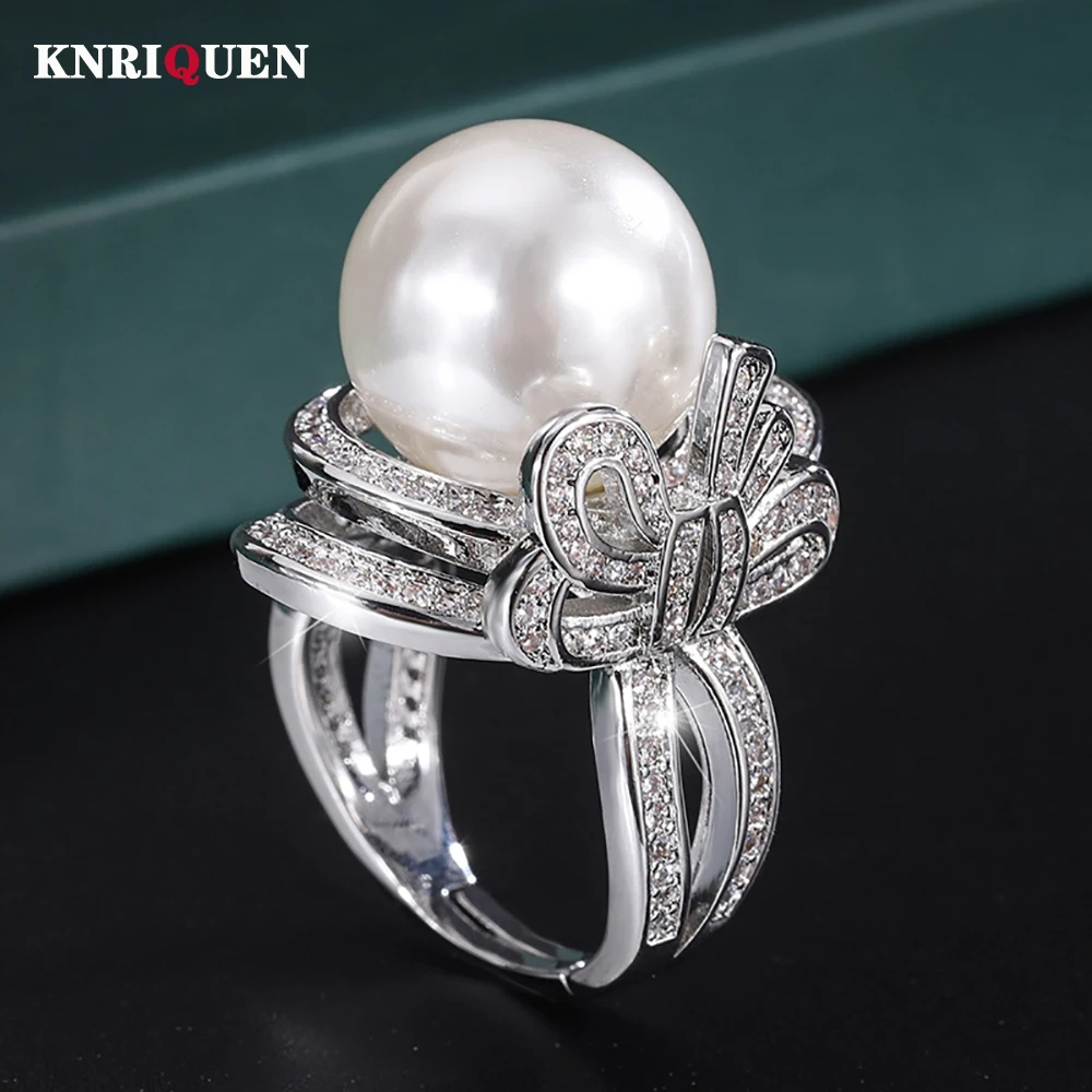 

Luxury 14MM White Black Big Pearl Adjustable Rings for Women Lab Diamond Cocktail Party Fine Jewelry Wedding Accessories Gifts