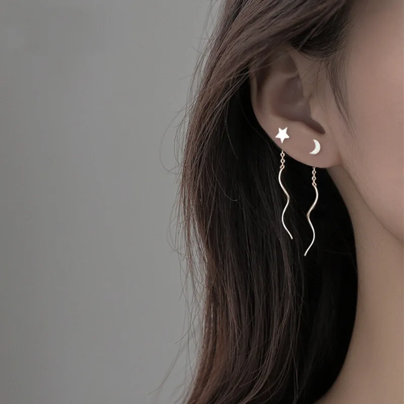 

VENTFILLE 925 Sterling Silver Asymmetric Star Moon Earrings Long Tassel Feminine Temperament Korean Simple Jewelry