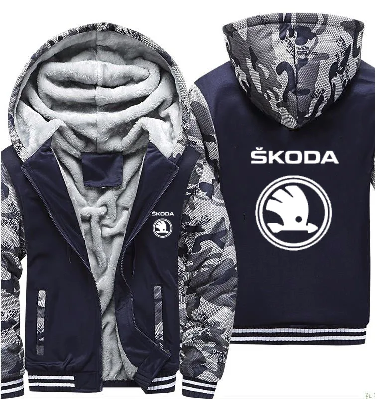 

NEW Hoodies Men Skoda Car Logo Print Jacket Mens Hoodies Winter Thicken Warm Fleece cotton Zipper Camo Raglan Mens Coat Jacket