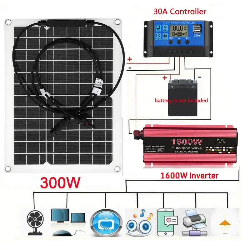 

300W Solar Panel 1600W Solar Power System Kit Battery Charger 12V to 220V Pure Sine Wave Inverter Complete Power Generation