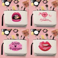 2022 fashion hot selling makeup storage bag handbag ladies coin purse canvas cartoon sexy red lips pattern printed strap beige