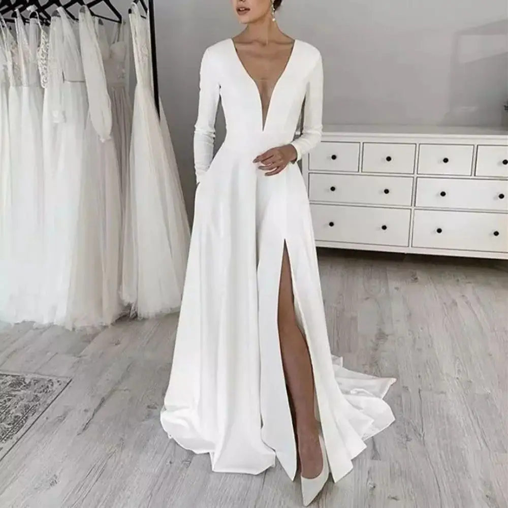 

White Elegant Long Sleeve Prom Evening Dresses vestidos de noche Stretch Satin V Neck Sexy Side Slit Party robe soirée femme