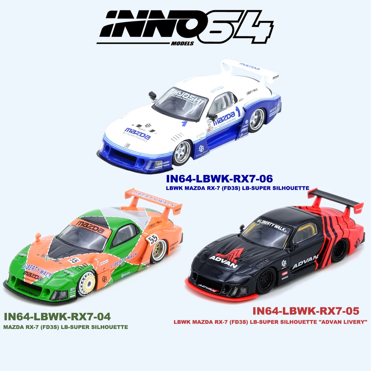 Фото INNO64 1:64 LBWK Mazda RX-7 FD3S 3 варианта исполнения: белый, синий # 1 / Зеленый апельсин # 55 / Черно-красная модель автомобиля из литого металла в наличии №1