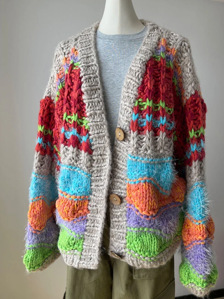 Массивный кардиган женский свободный трикотаж ручной работы осень 2024 нишевый