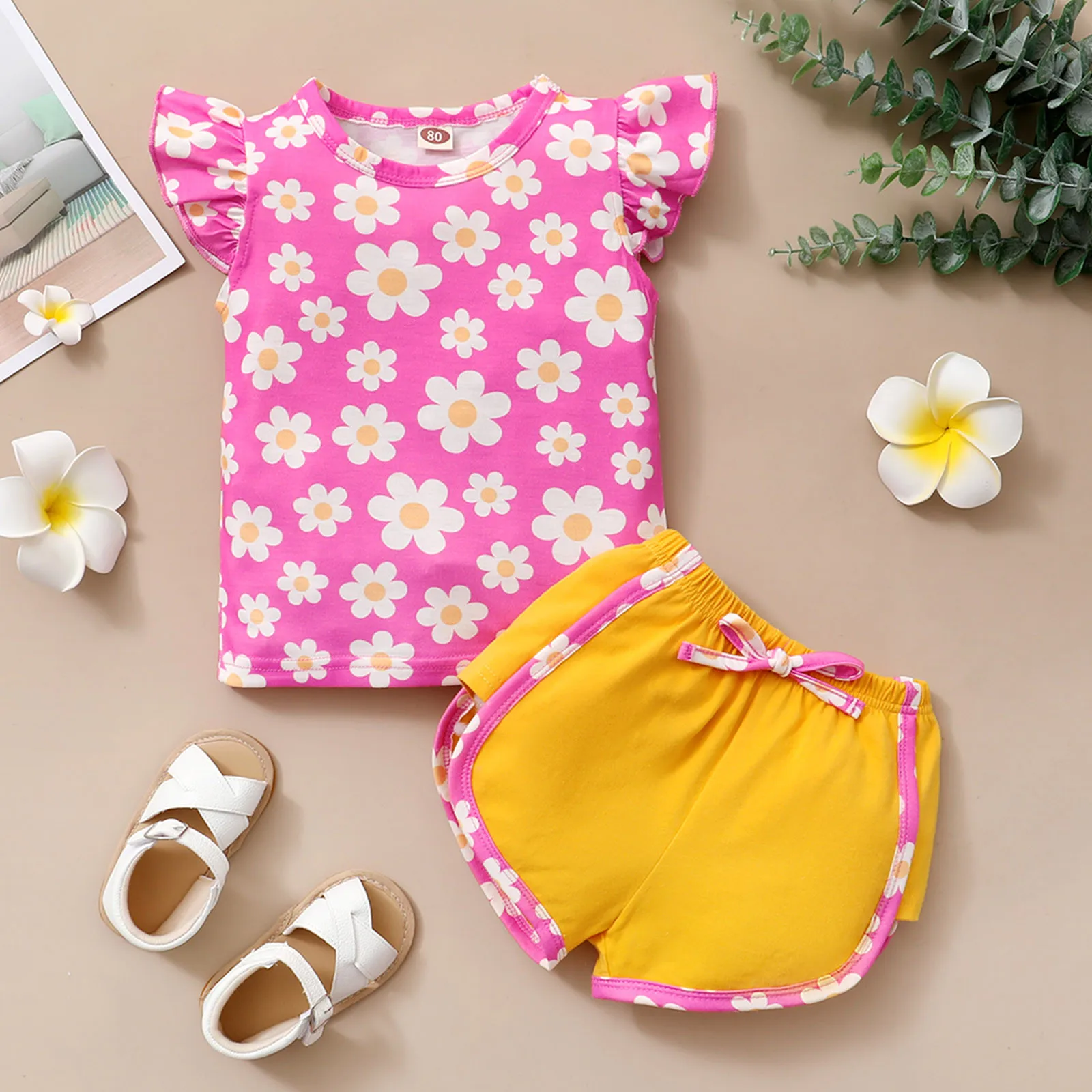 

Наряды для девочек-подростков, топы с цветочным принтом и рукавами для малышей + шорты, наряды и комплект для девочек