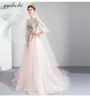 elegant three quarter sleeves prom dresses 2022 tulle scoop neck appliques ball gown lace up beading sweet robes de soir%c3%a9e