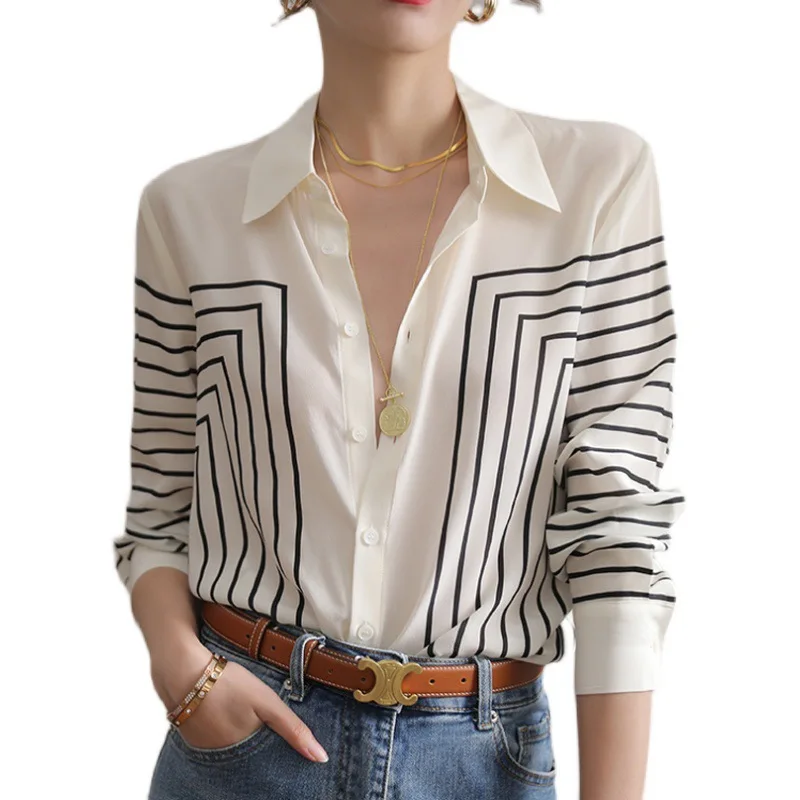 Striped Long-sleeved Women Shirt 2023 Spring Summer New Loose Temperament Showing Thin Real Silk Top Mulberry Silk Tops Camisas
