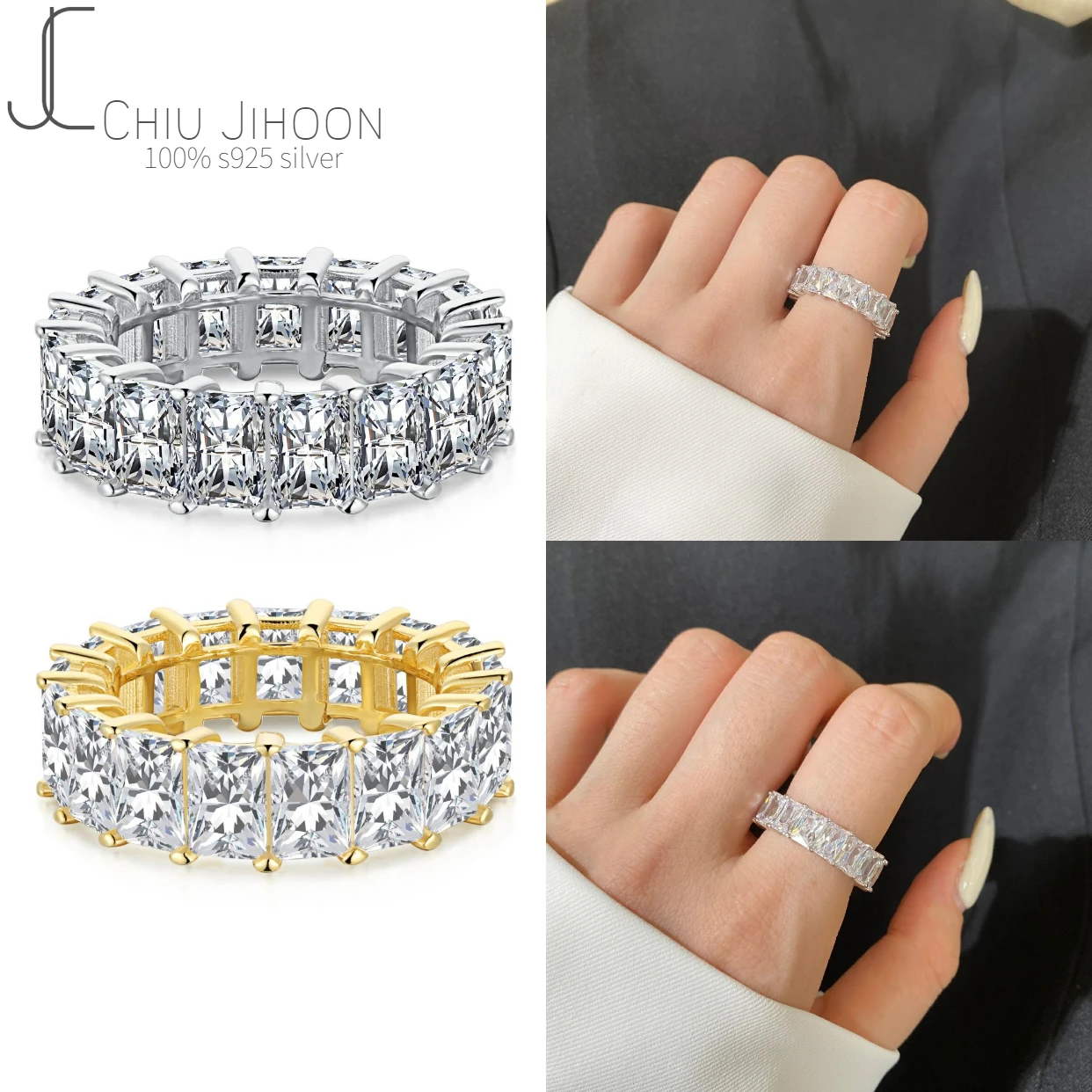 

S925 Sterling Silver Luxury Shining Zircon Ring Female Full Diamond 4*6 Row Ring For Women Ring jewelry