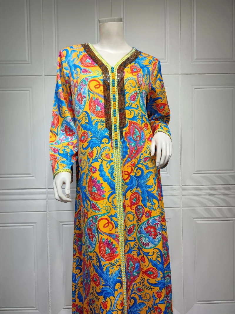 Modest Muslim Moroccan Jalabiya Dubai Abaya Dress for Women Fashion Ethnic Print Rhinestone Tape V Neck Long Sleeve Colored Robe