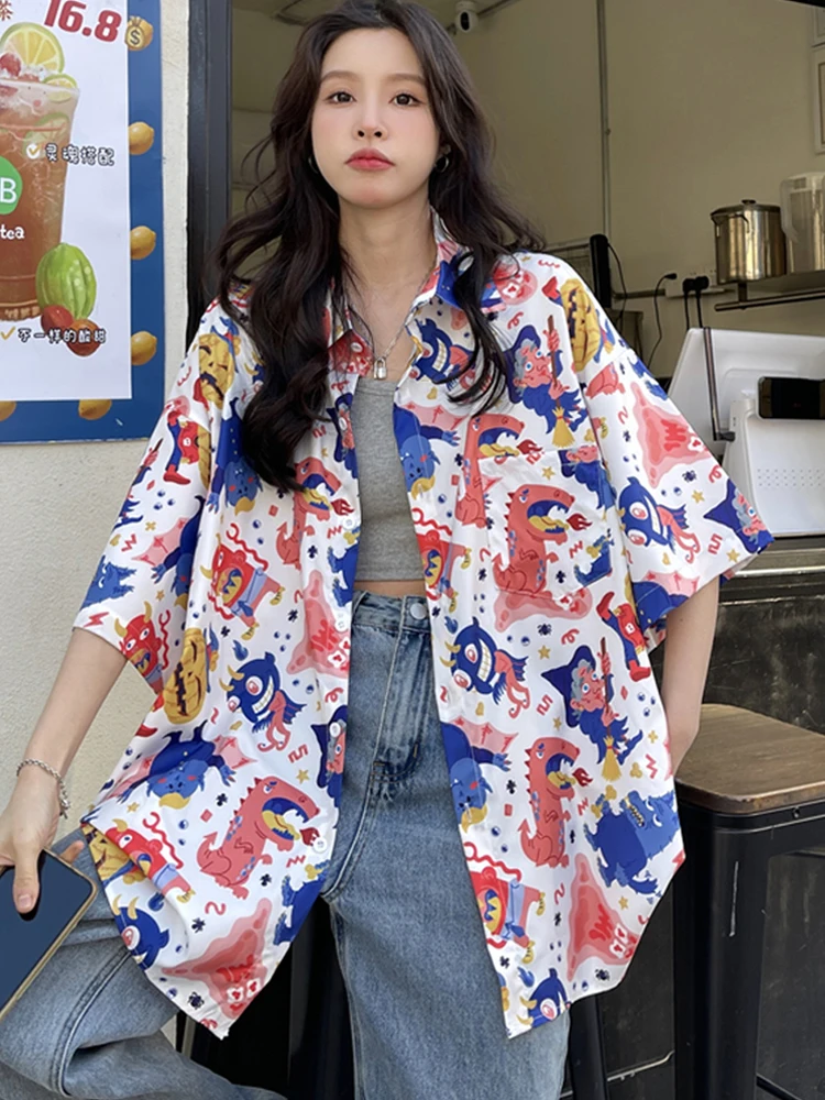 

Женские рубашки в Корейском стиле, кавайная модная блузка, женские блузки с коротким рукавом и мультяшным принтом на пуговицах, топы большо...