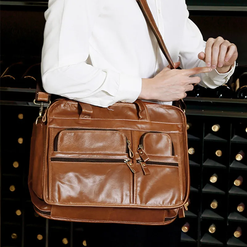 Luxury Genuine Cow Leather Men Briefcase Large Capacity Multi-Function Handbag Office Laptop Bag Male Shoulder Messenger Bag